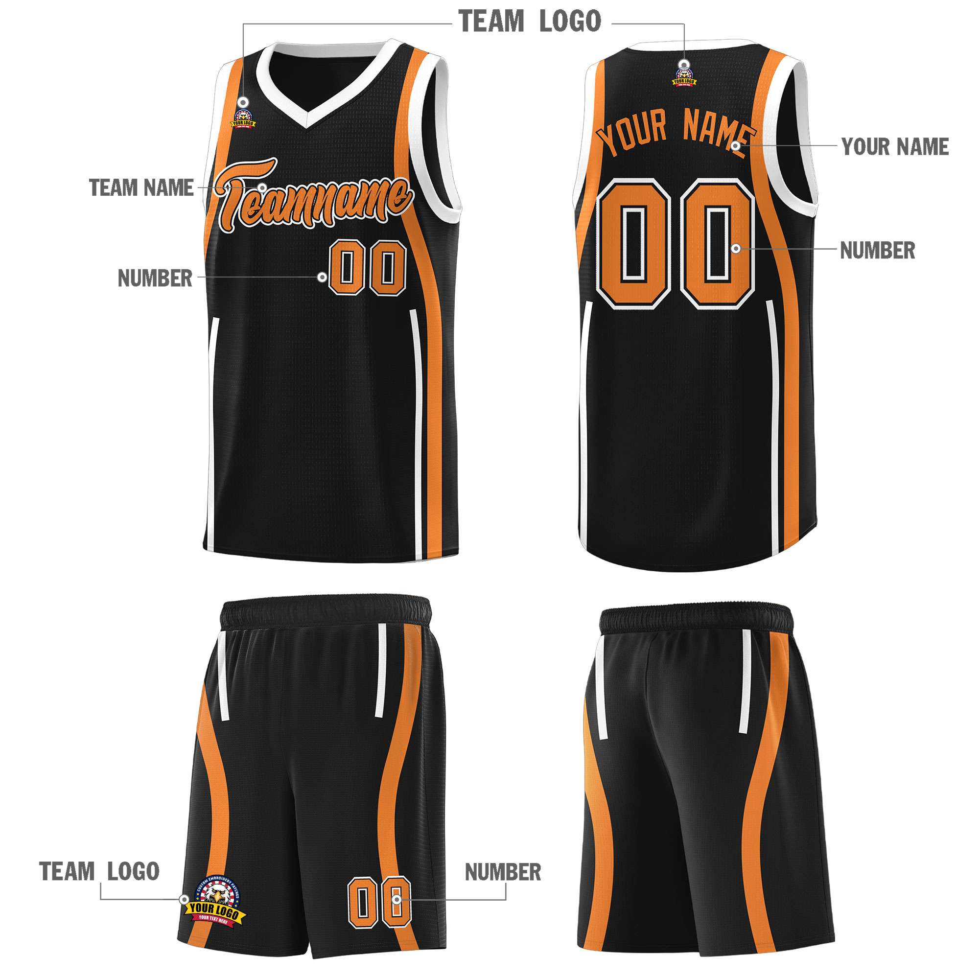 Custom Black Gold Orange-White Ribbon Pattern Basketball Kits