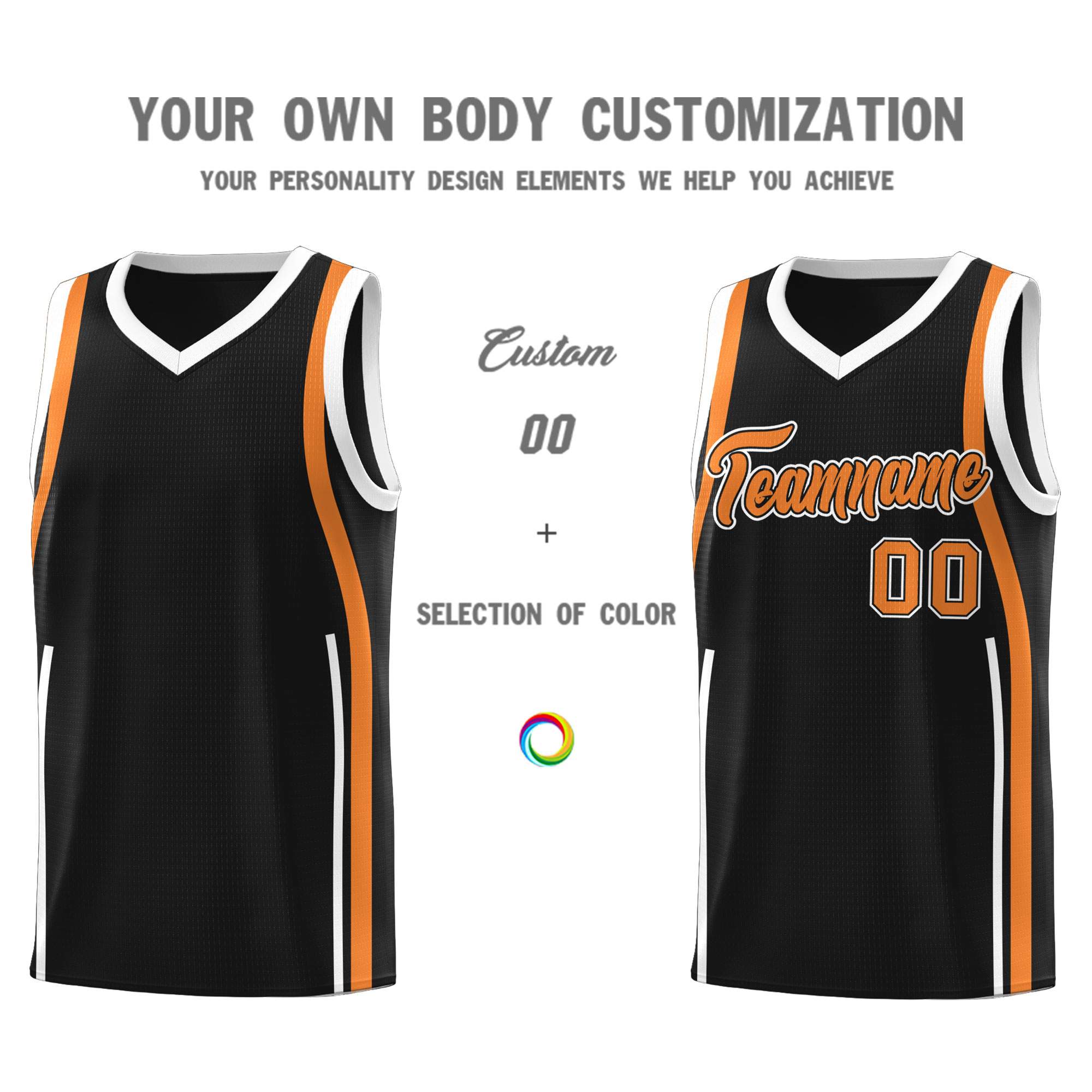 Custom Black Gold Orange-White Ribbon Pattern Basketball Kits