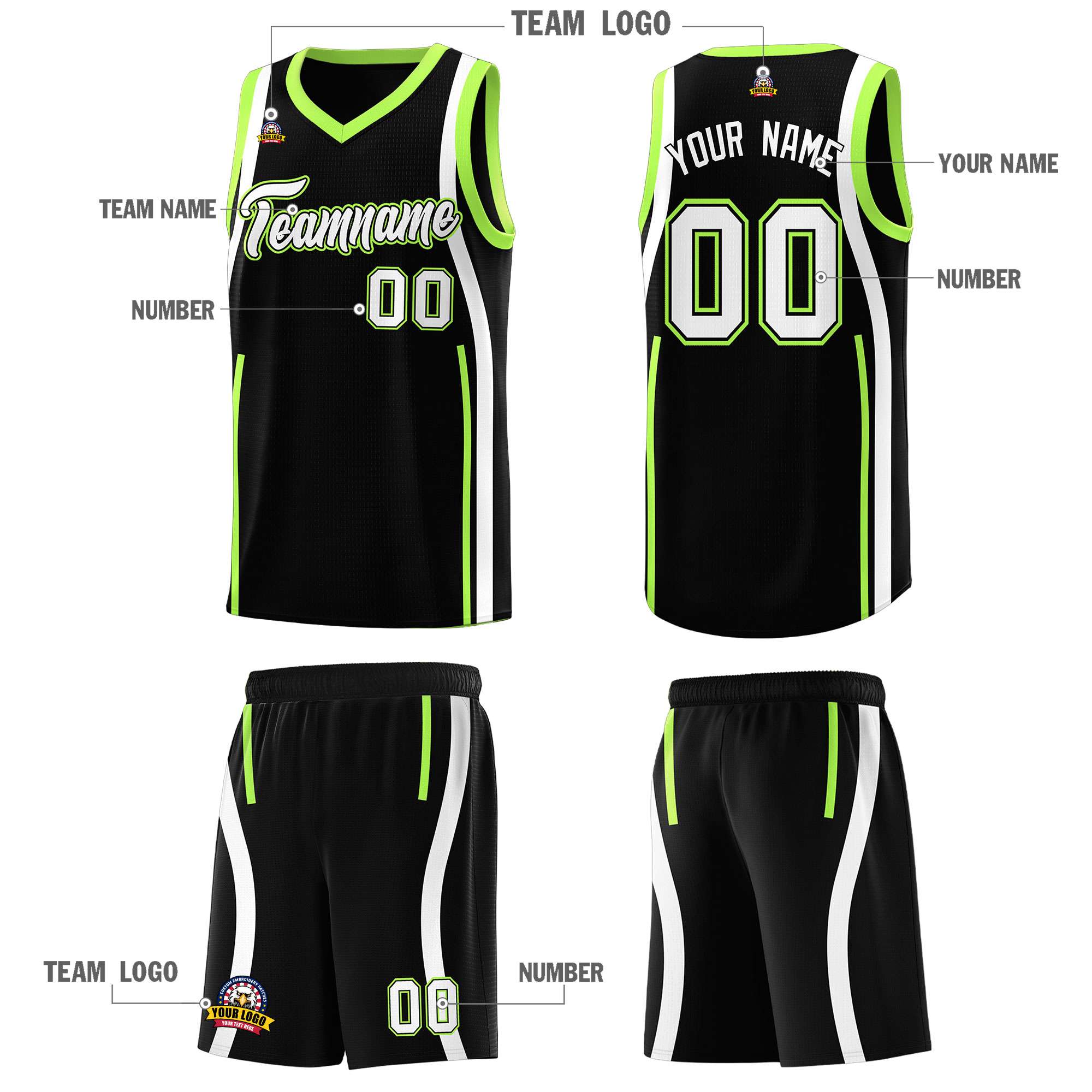 Custom Black Fluorescent Green-White Ribbon Pattern Basketball Kits