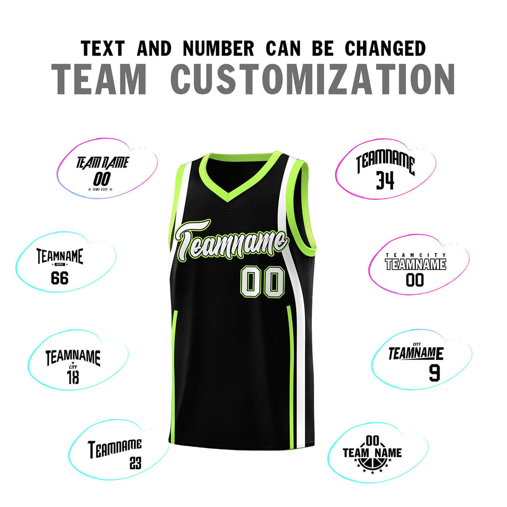 Custom Black Fluorescent Green-White Ribbon Pattern Basketball Kits