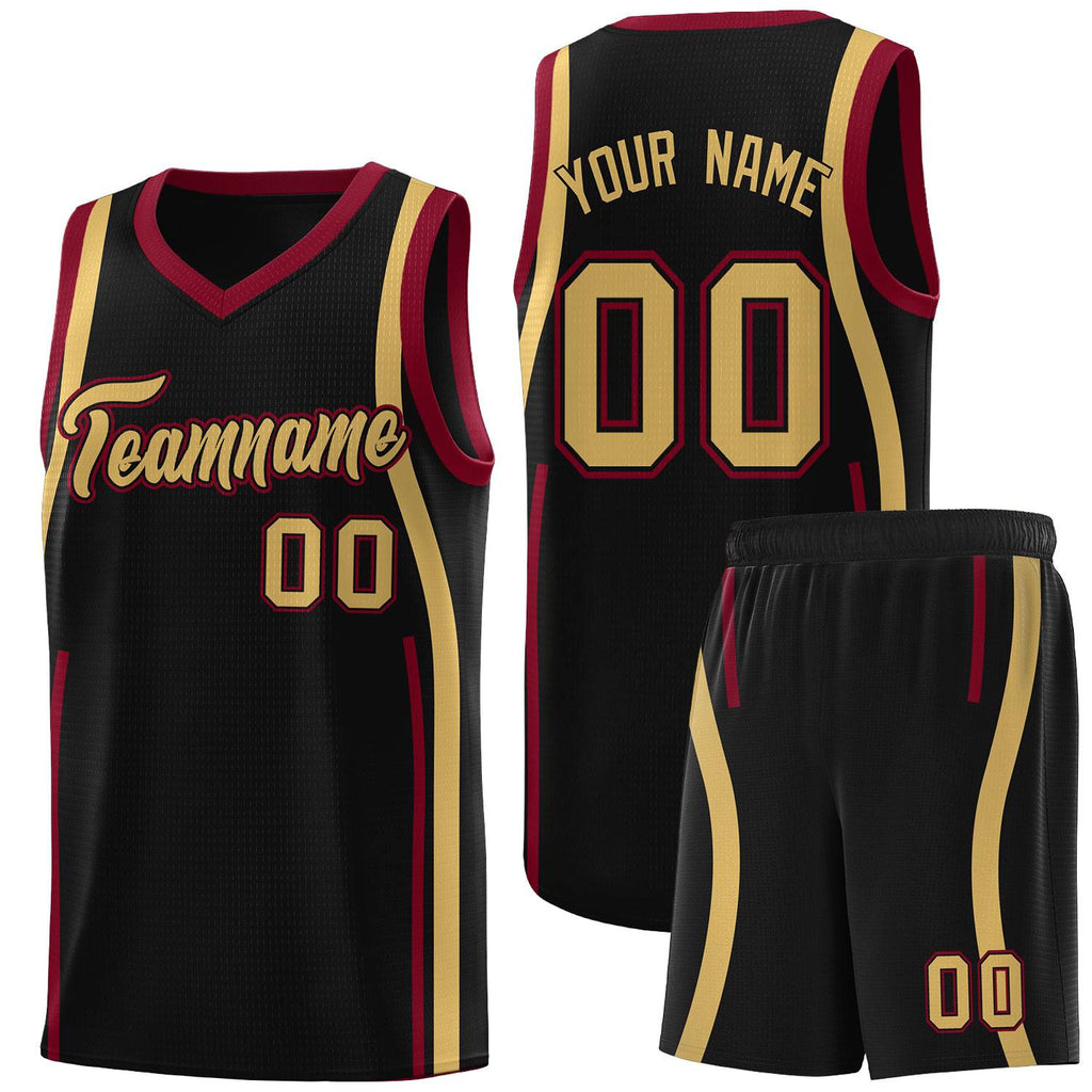 Custom Black Crimson-Old Gold Ribbon Pattern Basketball Kits