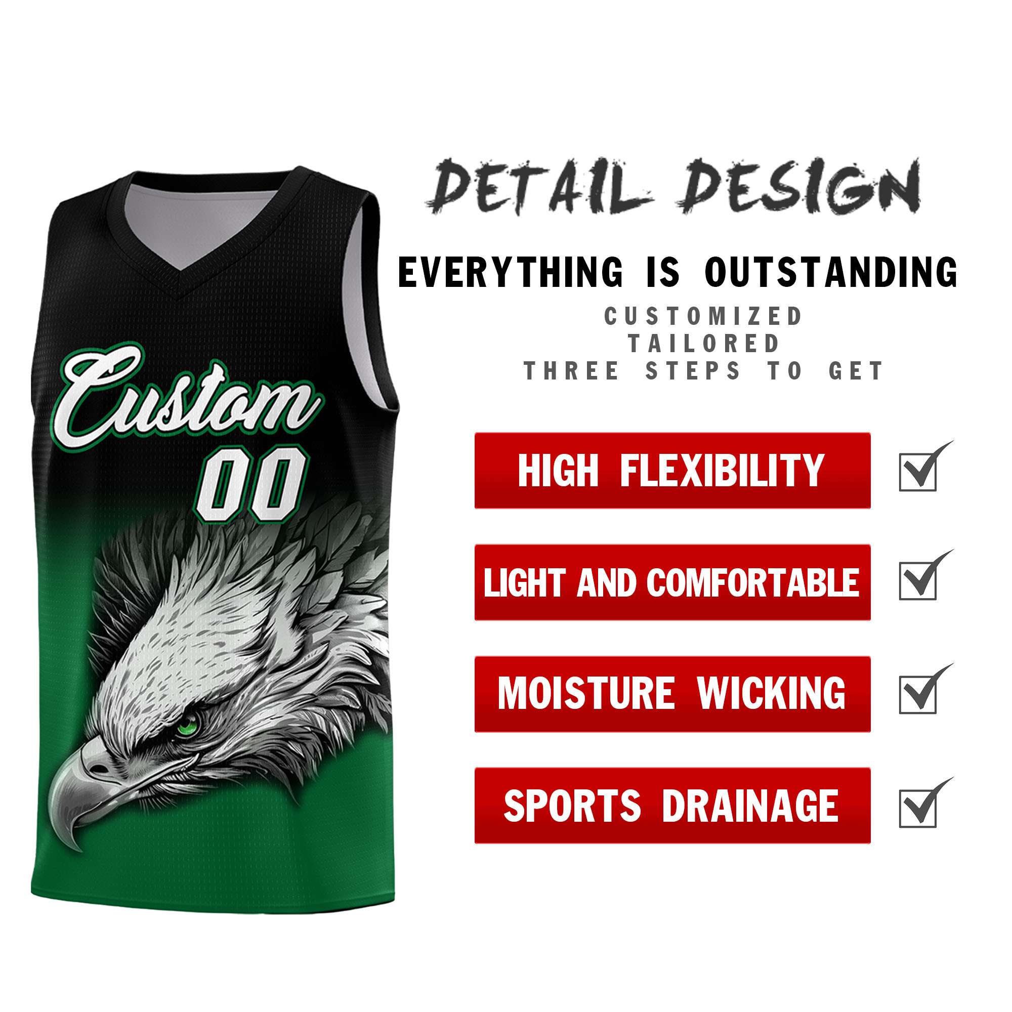 Custom Black Kelly Green Eagle Pattern Graffiti Pattern Sports Uniform Basketball Jersey