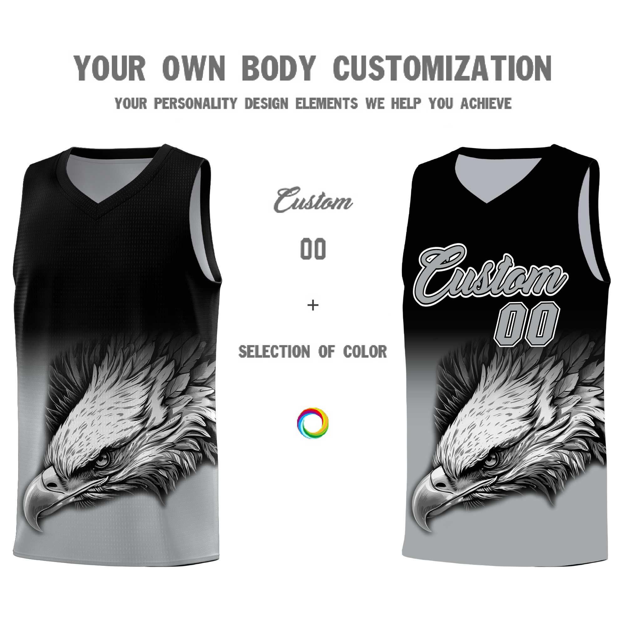 Custom Black Gray Eagle Pattern Graffiti Pattern Sports Uniform Basketball Jersey