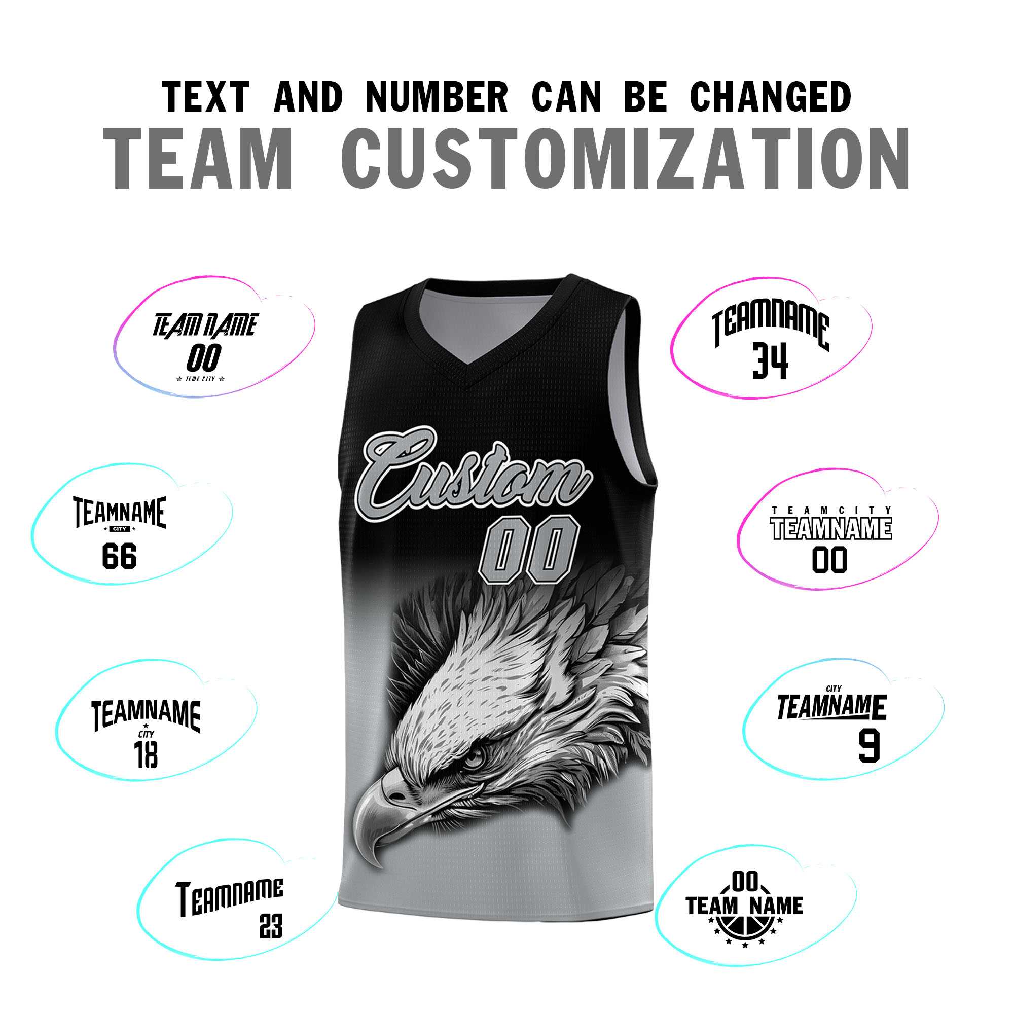 Custom Black Gray Eagle Pattern Graffiti Pattern Sports Uniform Basketball Jersey