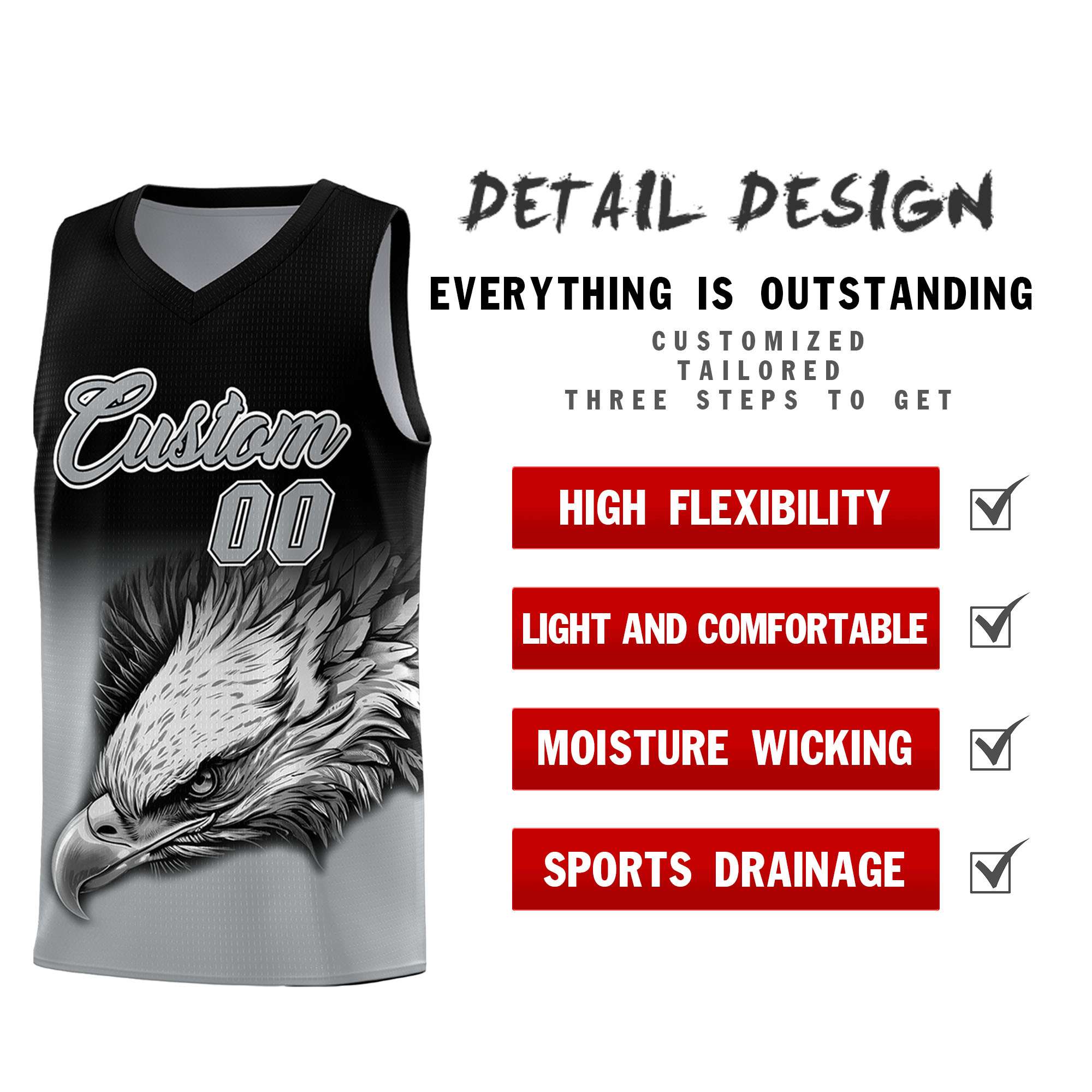 Custom Black Gray Eagle Pattern Graffiti Pattern Sports Uniform Basketball Jersey