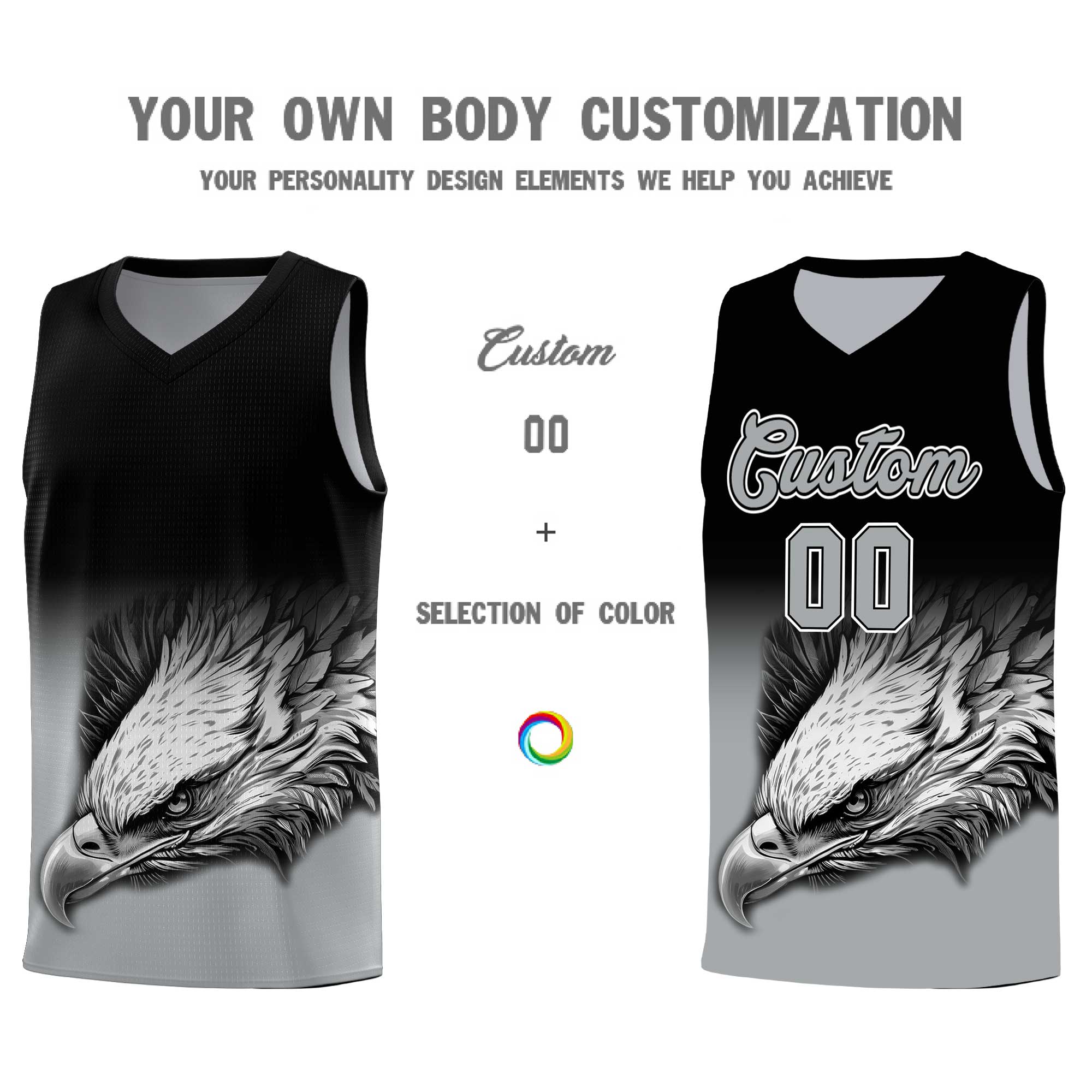 Custom Black Gray Eagle Pattern Graffiti Pattern Sports Uniform Basketball Jersey