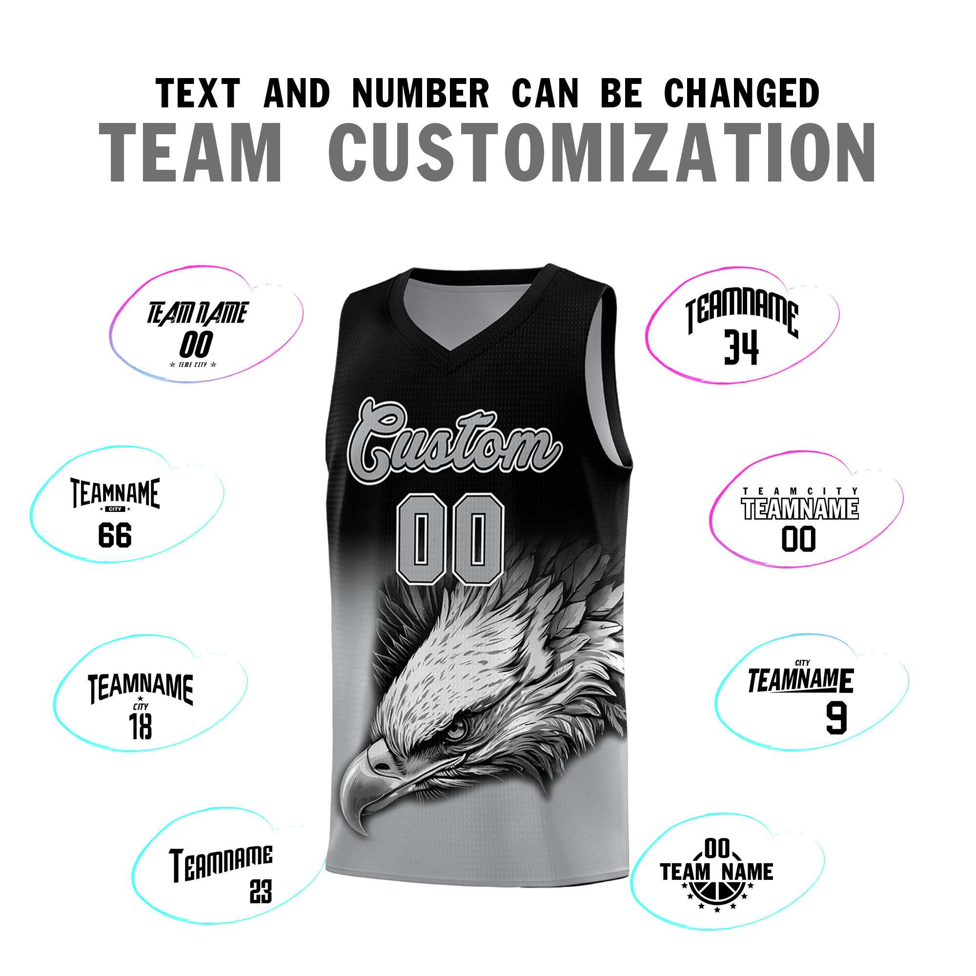 Custom Black Gray Eagle Pattern Graffiti Pattern Sports Uniform Basketball Jersey