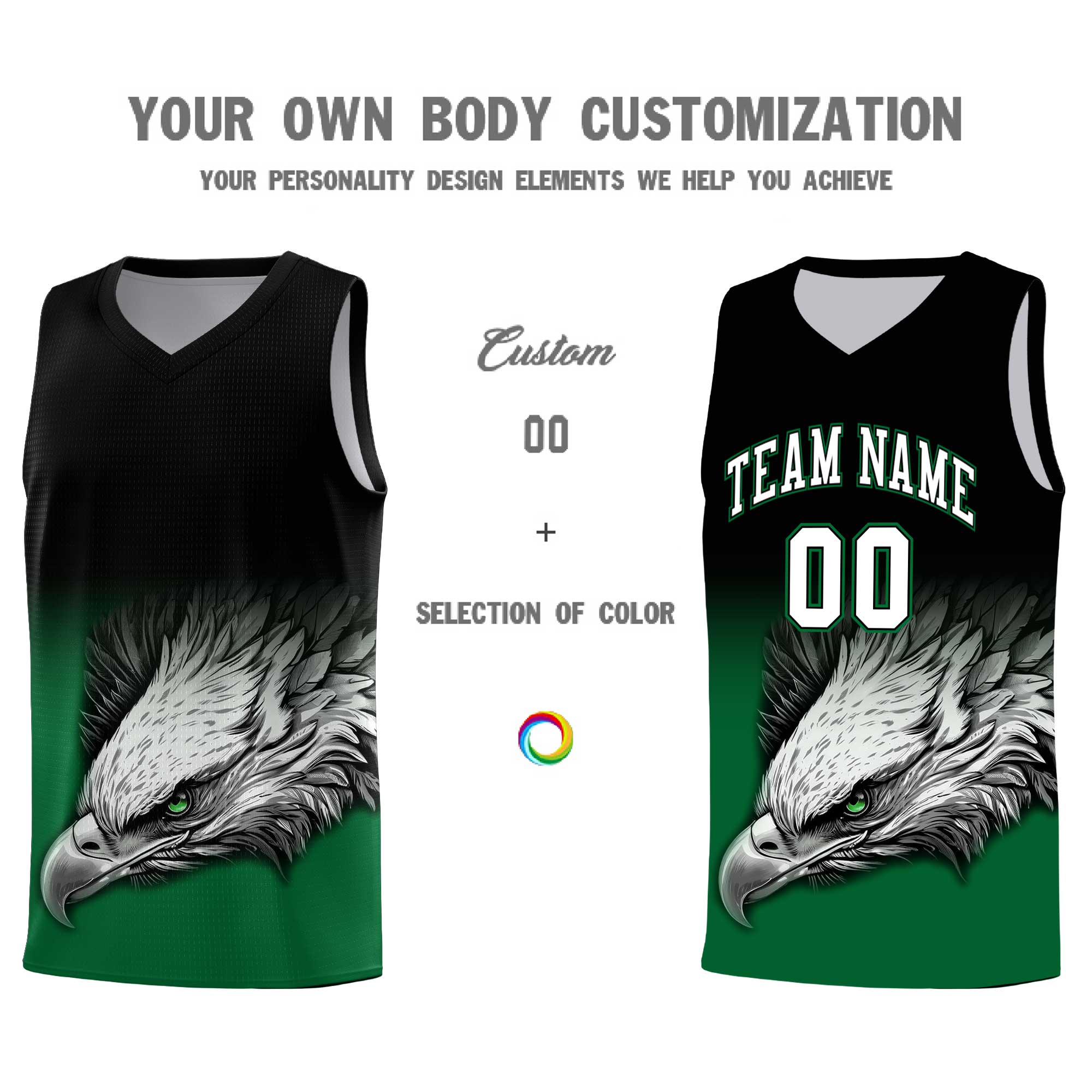 Custom Black Kelly Green Eagle Pattern Graffiti Pattern Sports Uniform Basketball Jersey
