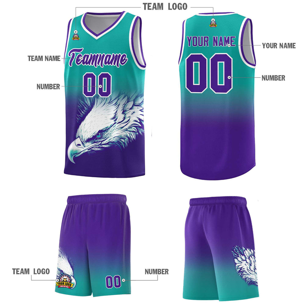 Custom Aqua Purple Eagle Pattern Graffiti Pattern Sports Uniform Basketball Jersey