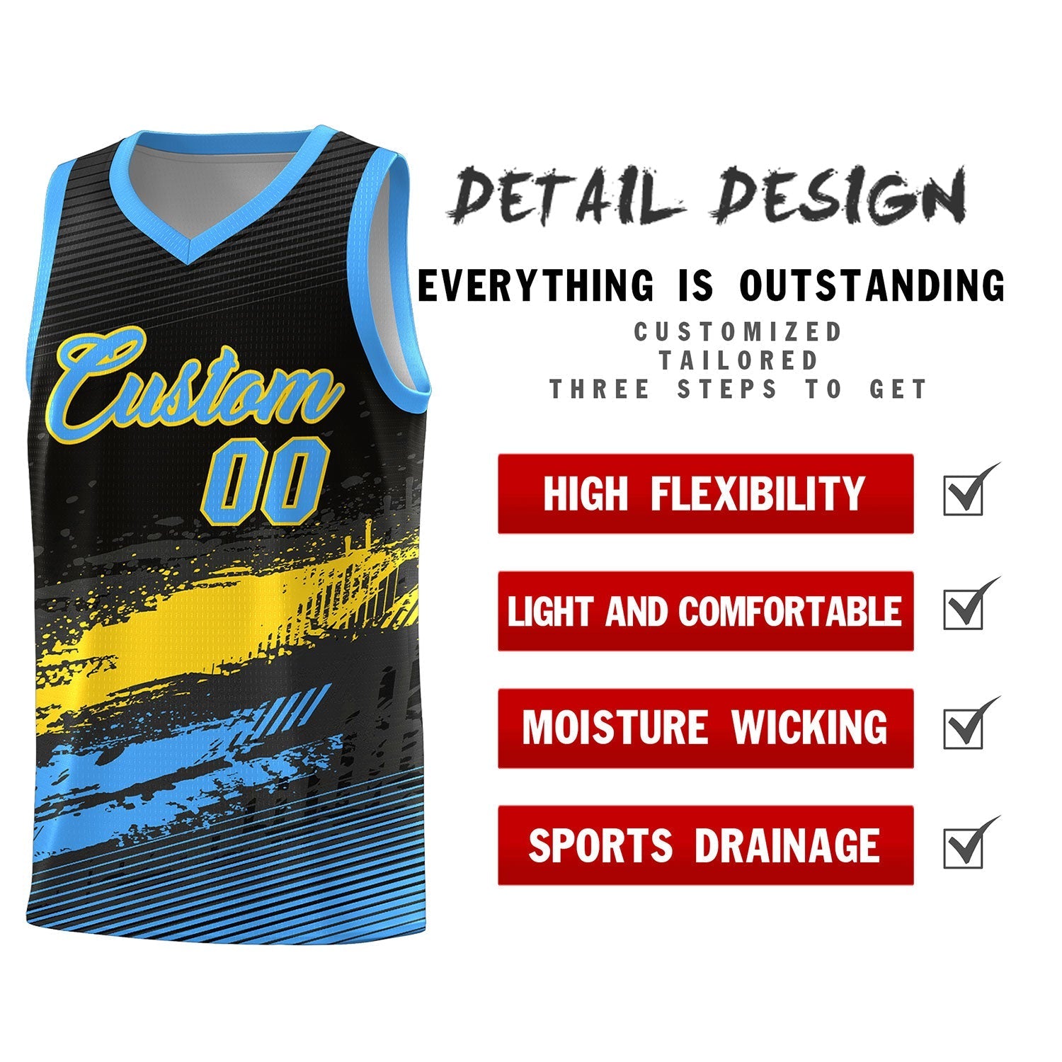Custom Black Gold and Powder Blue Graffiti Pattern Sports Uniform Basketball Jersey