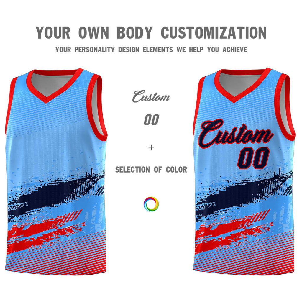 Custom Powder Blue Navy and Red Graffiti Pattern Sports Uniform Basketball Jersey