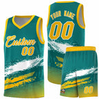 Custom Aqua White and Yellow Graffiti Pattern Sports Uniform Basketball Jersey