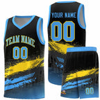 Custom Black Gold and Powder Blue Graffiti Pattern Sports Uniform Basketball Jersey