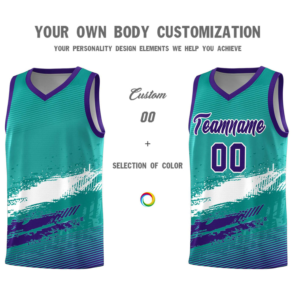 Custom Aqua White and Purple Graffiti Pattern Sports Uniform Basketball Jersey