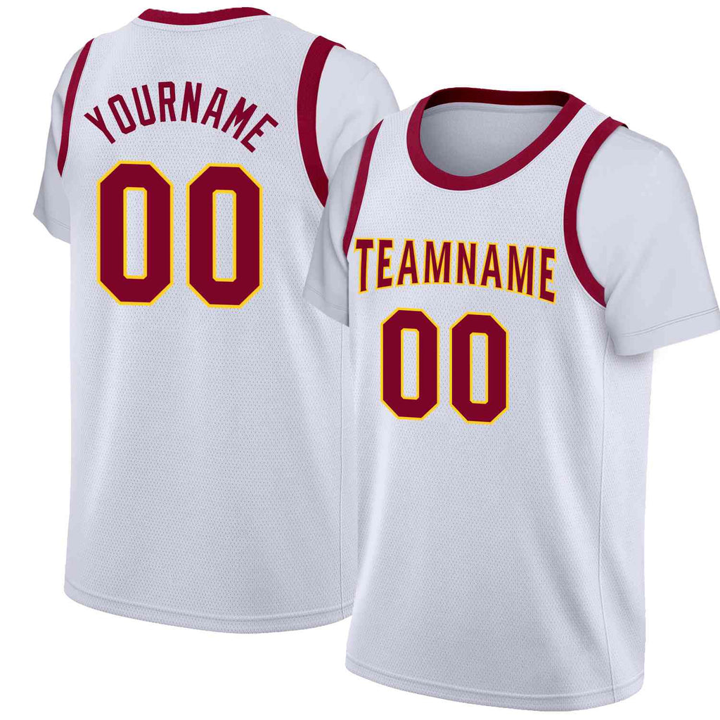 Custom White Maroon-Yellow Classic Tops Casual Fake Sleeve Basketball Jersey