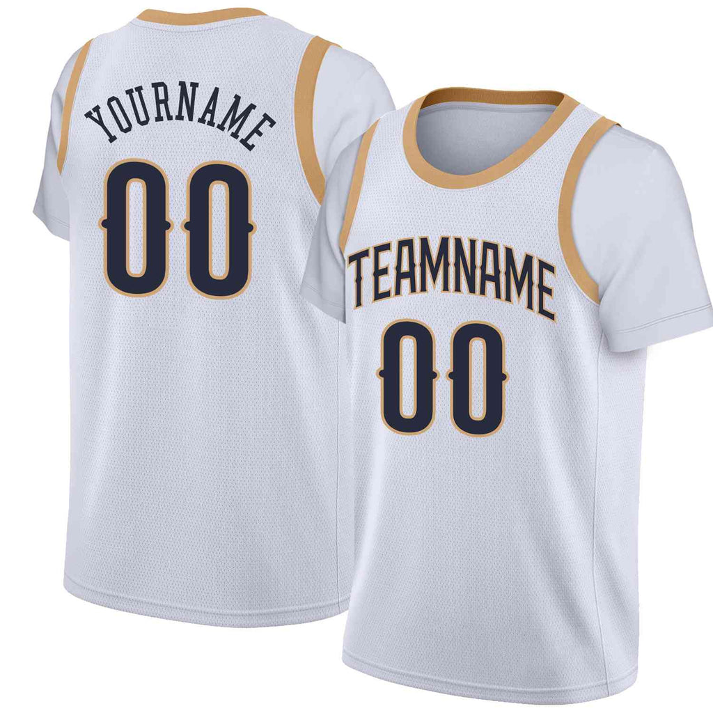 Custom White Navy-Old Gold Classic Tops Casual Fake Sleeve Basketball Jersey