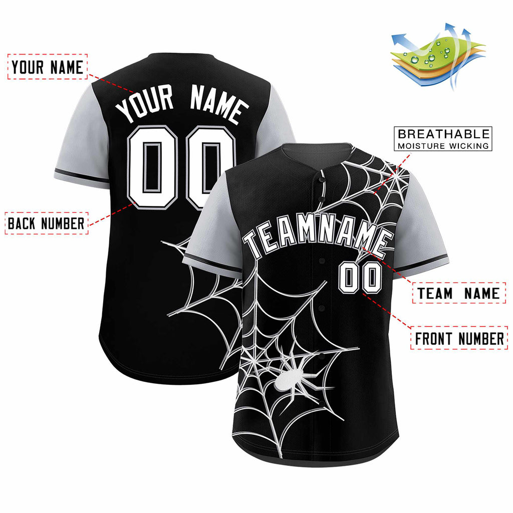 Custom Black Gray Spider Web Pattern Raglan Sleeves Authentic Baseball Jersey