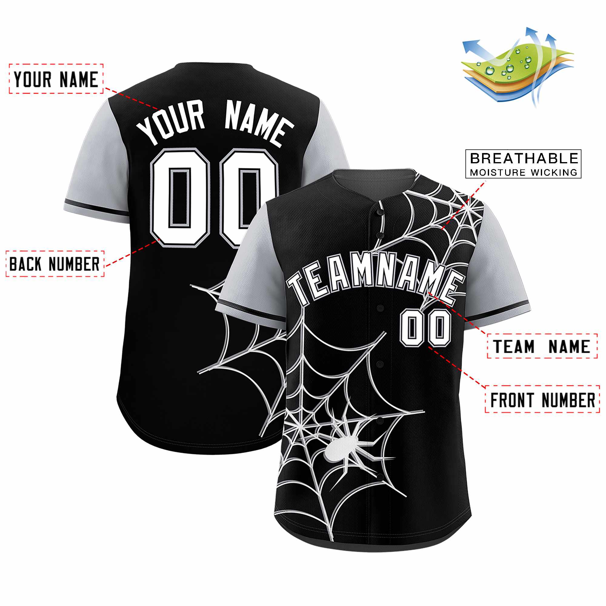 Custom Black Gray Spider Web Pattern Raglan Sleeves Authentic Baseball Jersey