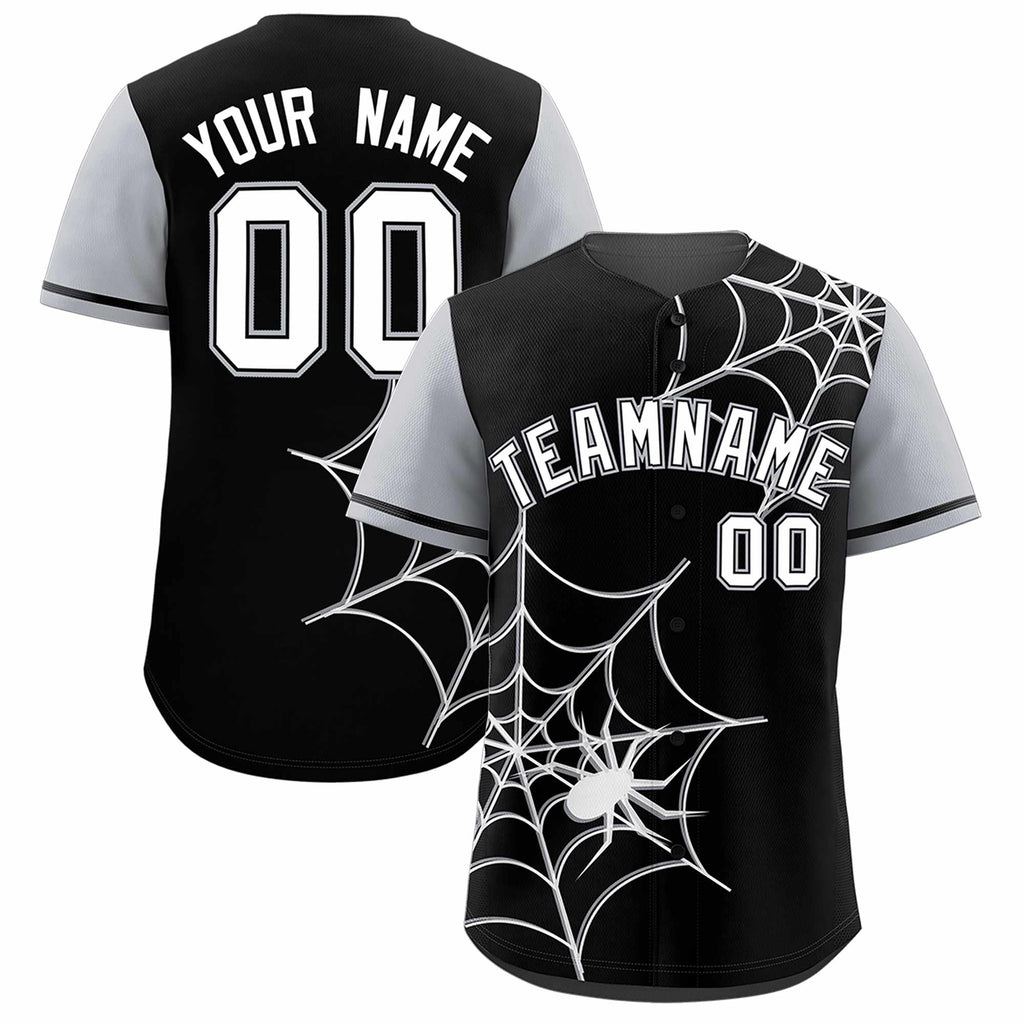 Custom Black Gray Spider Web Pattern Raglan Sleeves Authentic Baseball Jersey