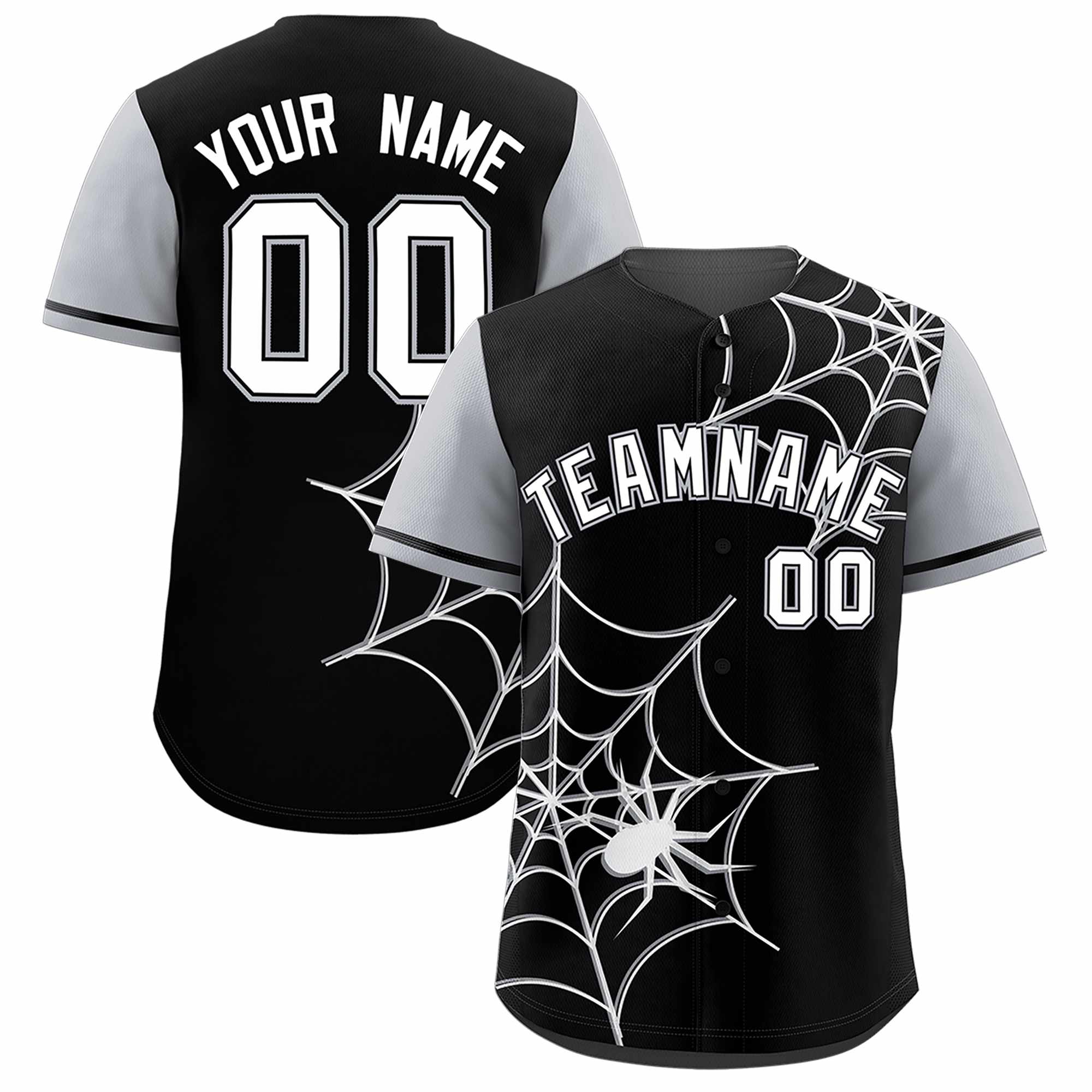 Custom Black Gray Spider Web Pattern Raglan Sleeves Authentic Baseball Jersey