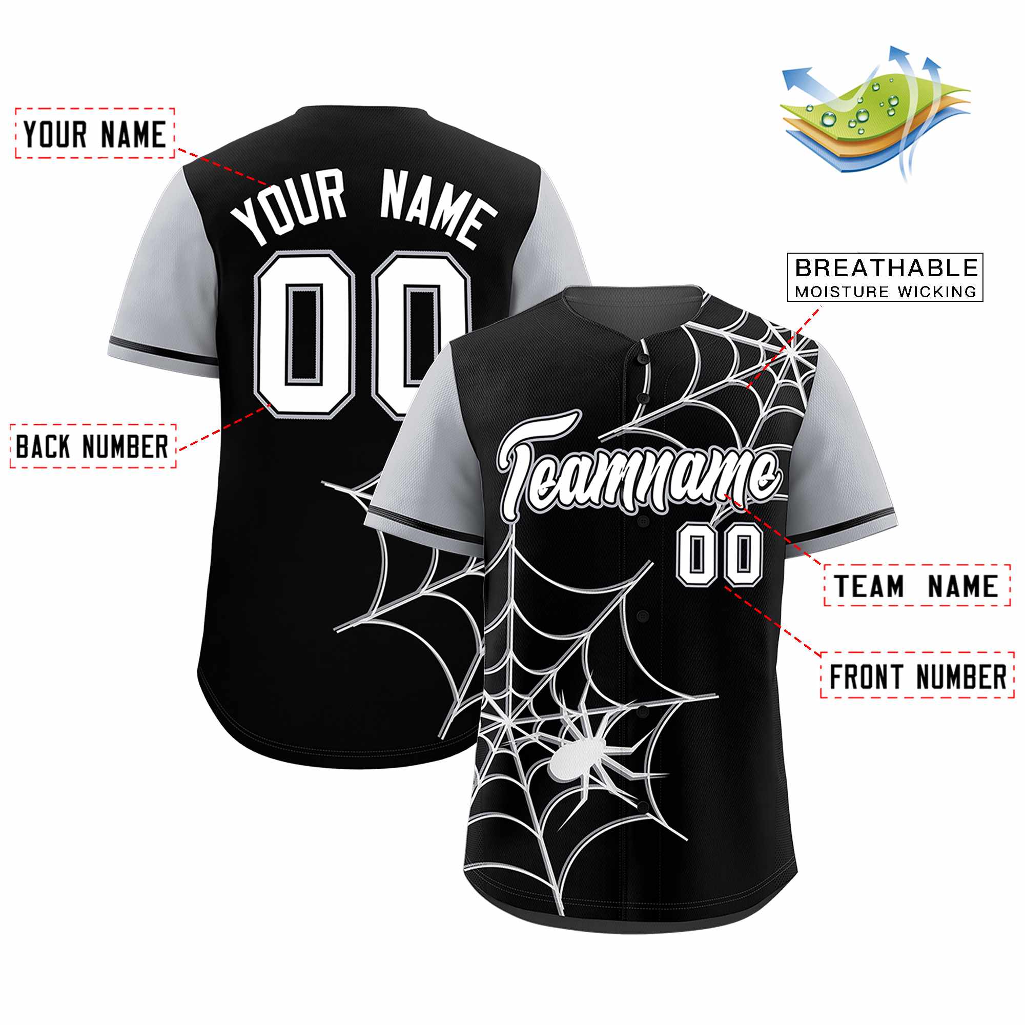 Custom Black Gray Spider Web Pattern Raglan Sleeves Authentic Baseball Jersey