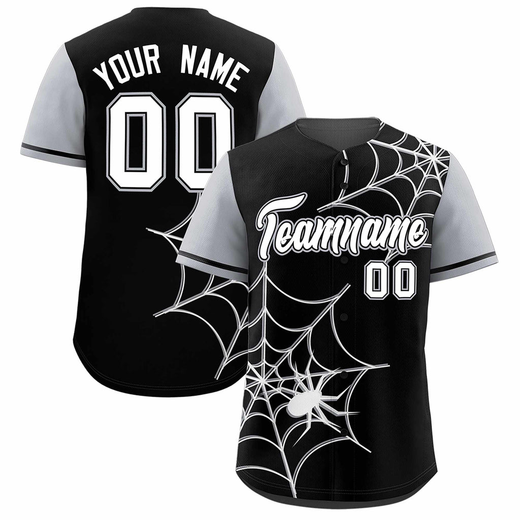 Custom Black Gray Spider Web Pattern Raglan Sleeves Authentic Baseball Jersey