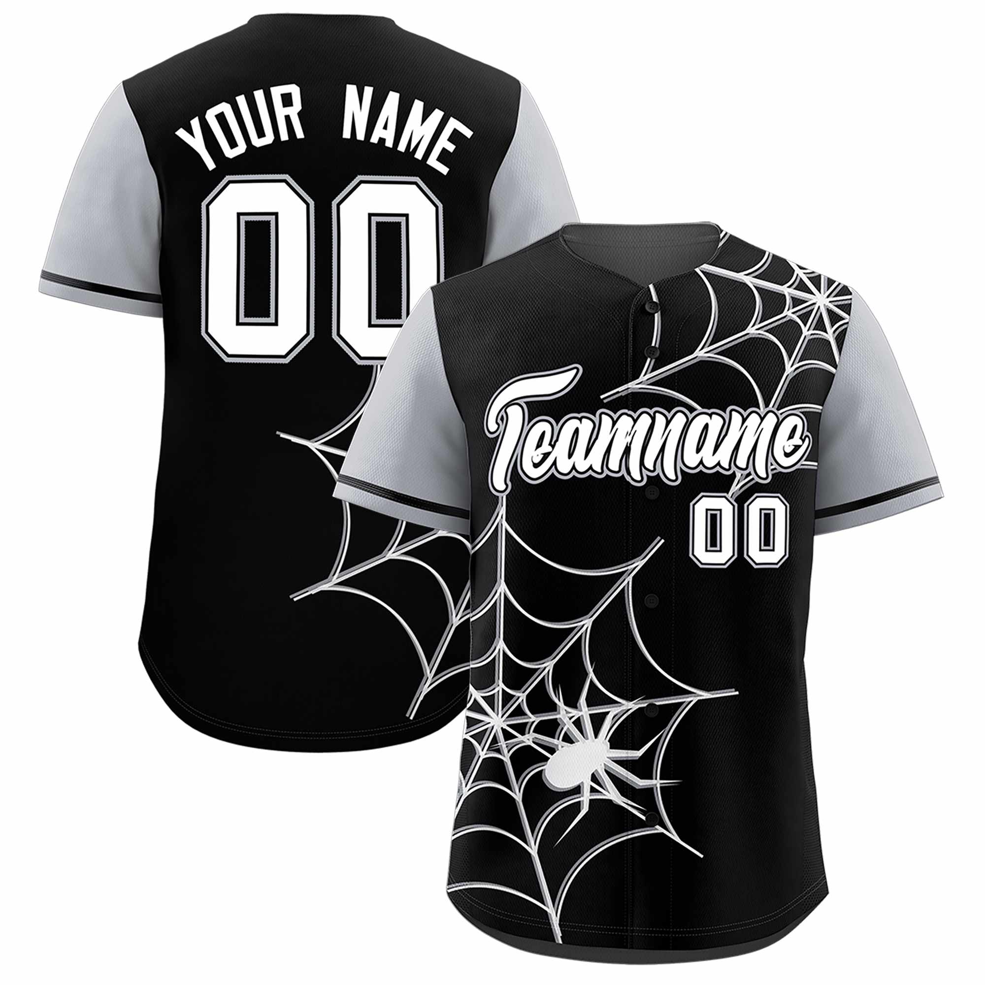 Custom Black Gray Spider Web Pattern Raglan Sleeves Authentic Baseball Jersey