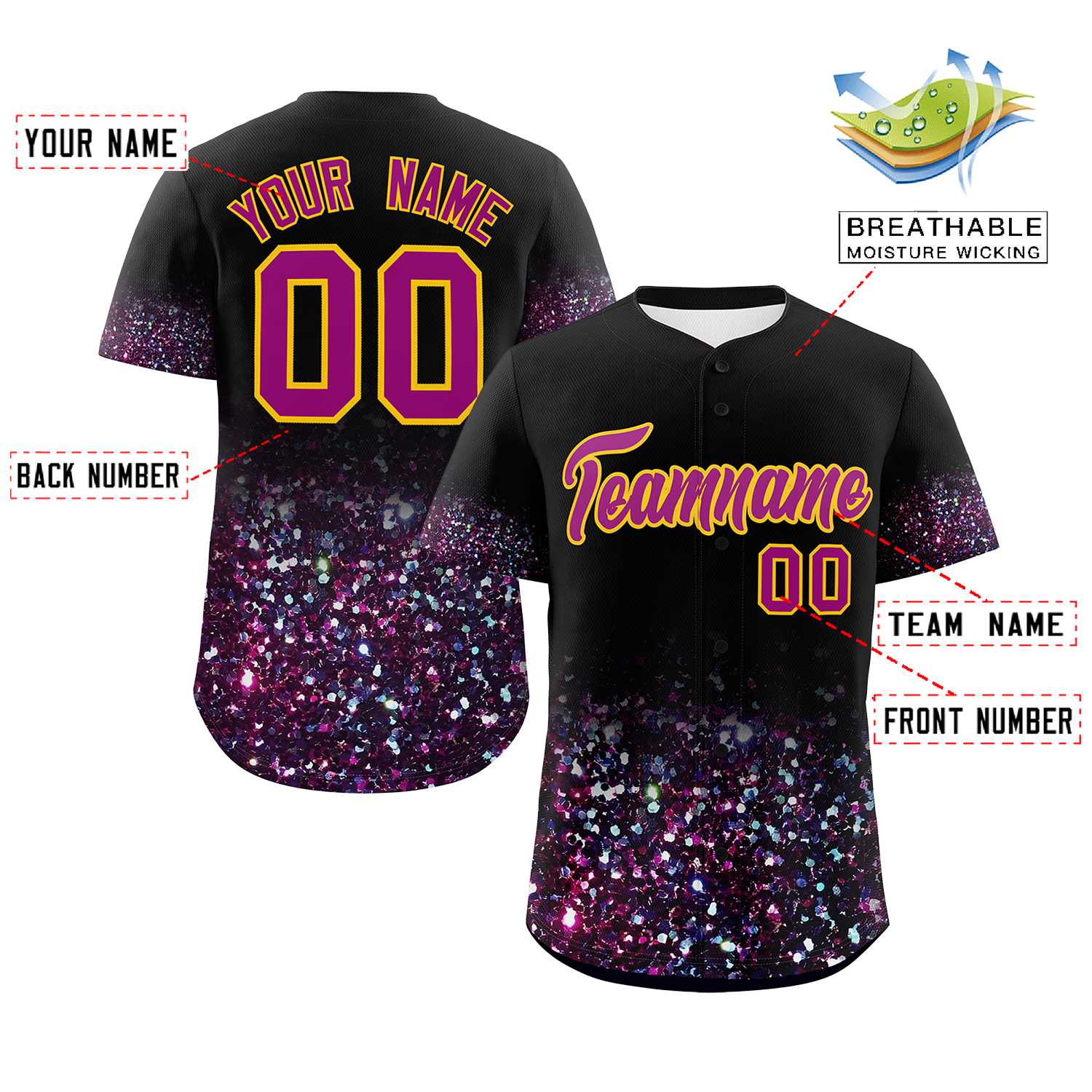 Custom Black Dark Pink Sparkle-Effect Pattern Gradient Fashion Authentic Baseball Jersey