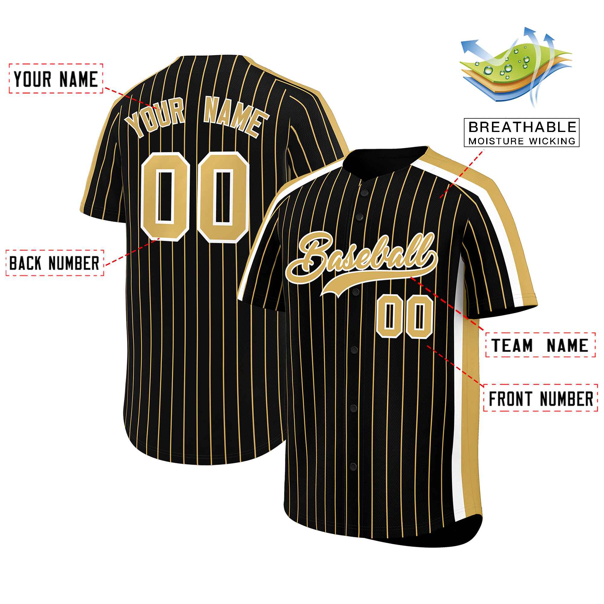 Custom Black Khaki Pinstripe Personalized Side Two-tone Authentic Baseball Jersey