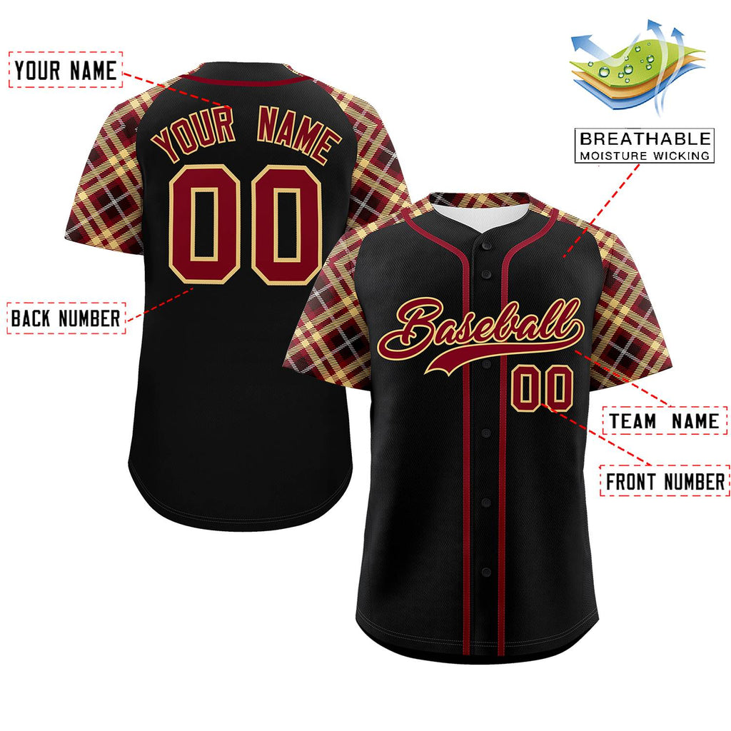 Custom Black Crimson-Old Gold Personalized Raglan Sleeves Authentic Baseball Jersey