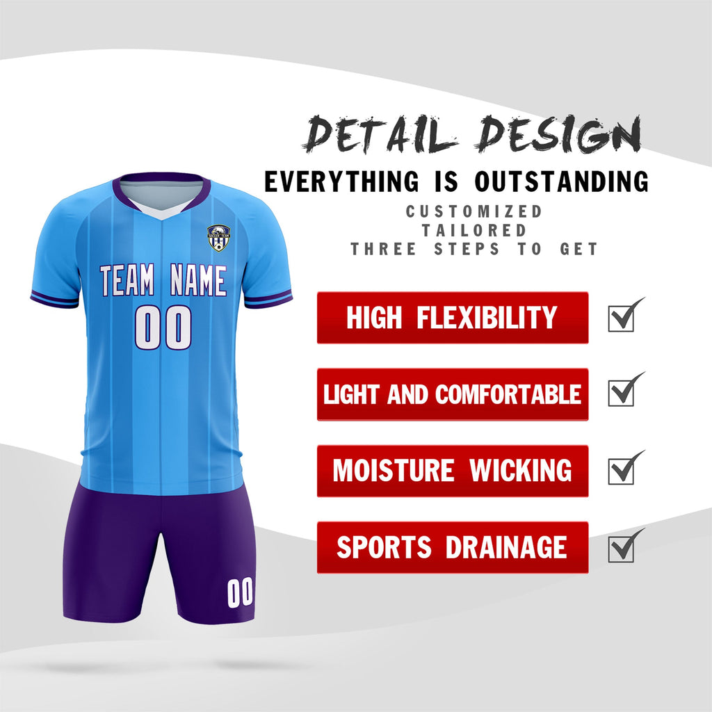 Custom Powder Blue Classic Striped Personalized Soccer Tops/Sets Jersey