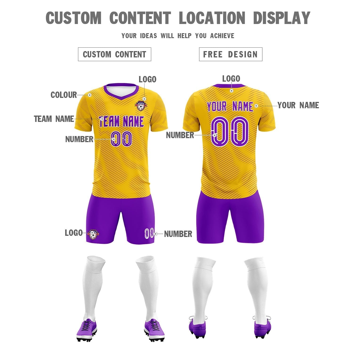 Custom Gold Purple Training Uniform For Men Soccer Sets Jersey