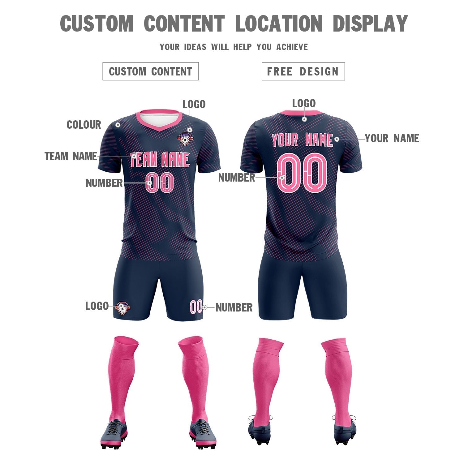 Custom Navy Pink Training Uniform For Men Soccer Sets Jersey