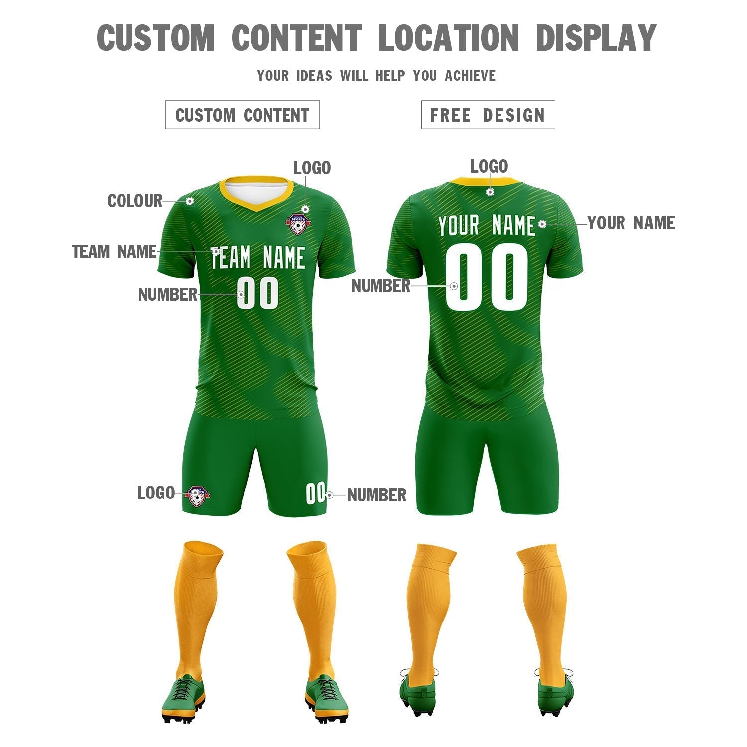 Custom Kelly Green Yellow Training Uniform For Men Soccer Sets Jersey