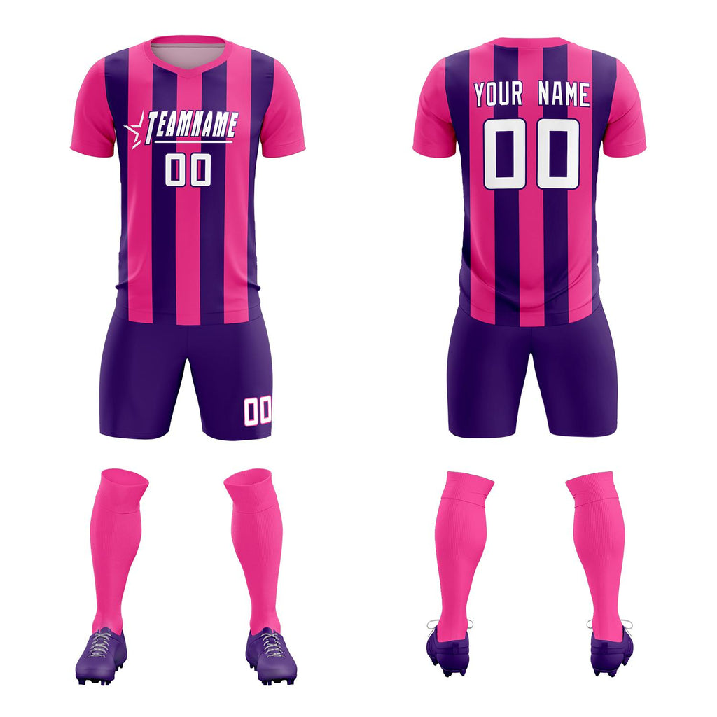 Custom Pink Purple Vertical Stripes Casual Outdoor Soccer Sets Jersey