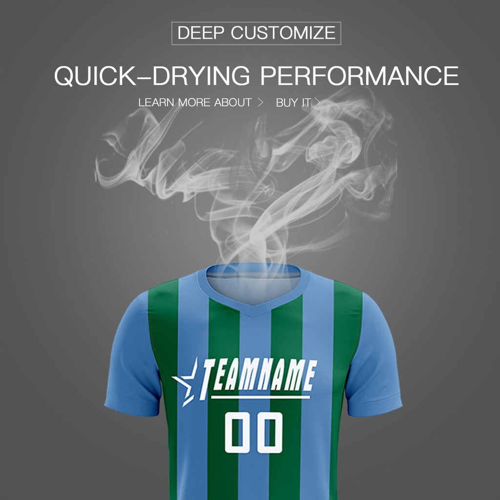 Custom Light Blue Kelly Green Vertical Stripes Casual Outdoor Soccer Sets Jersey