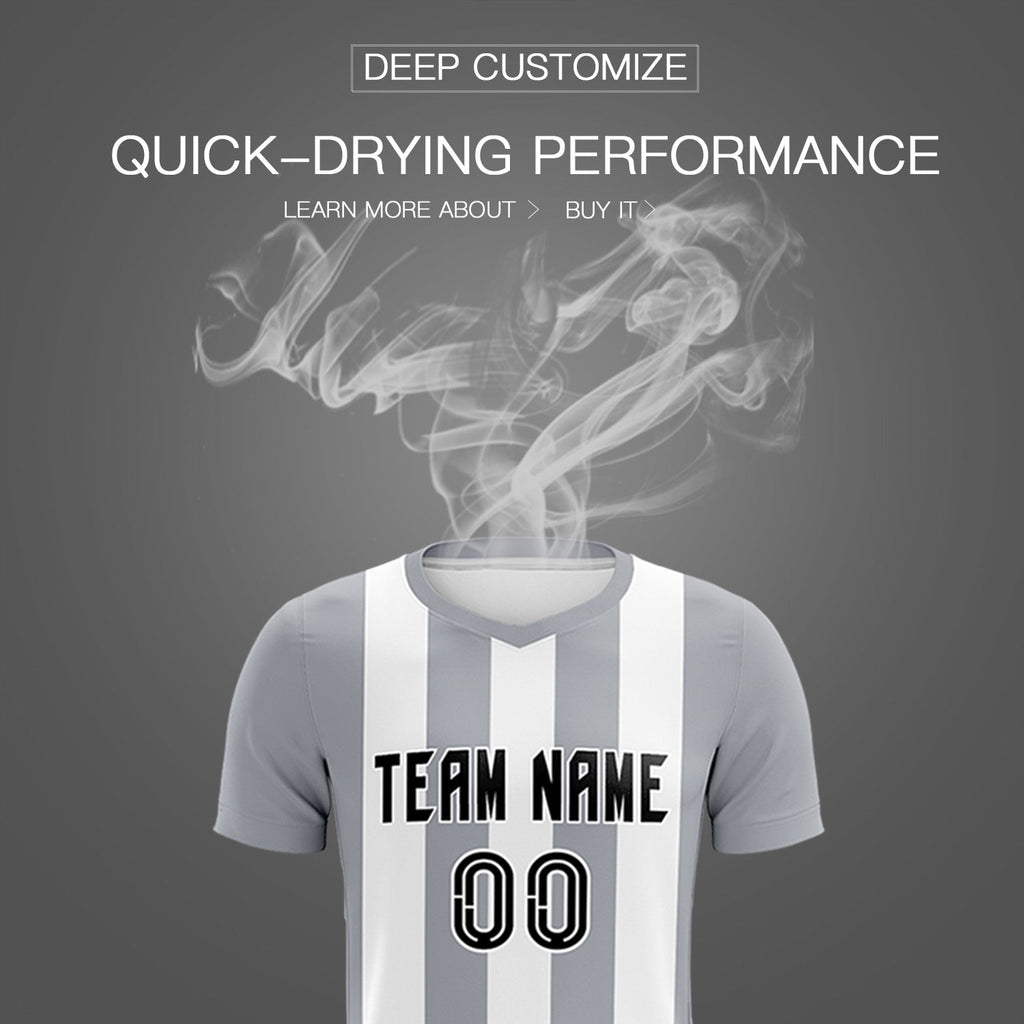 Custom White Gray Vertical Stripes Casual Outdoor Soccer Sets Jersey