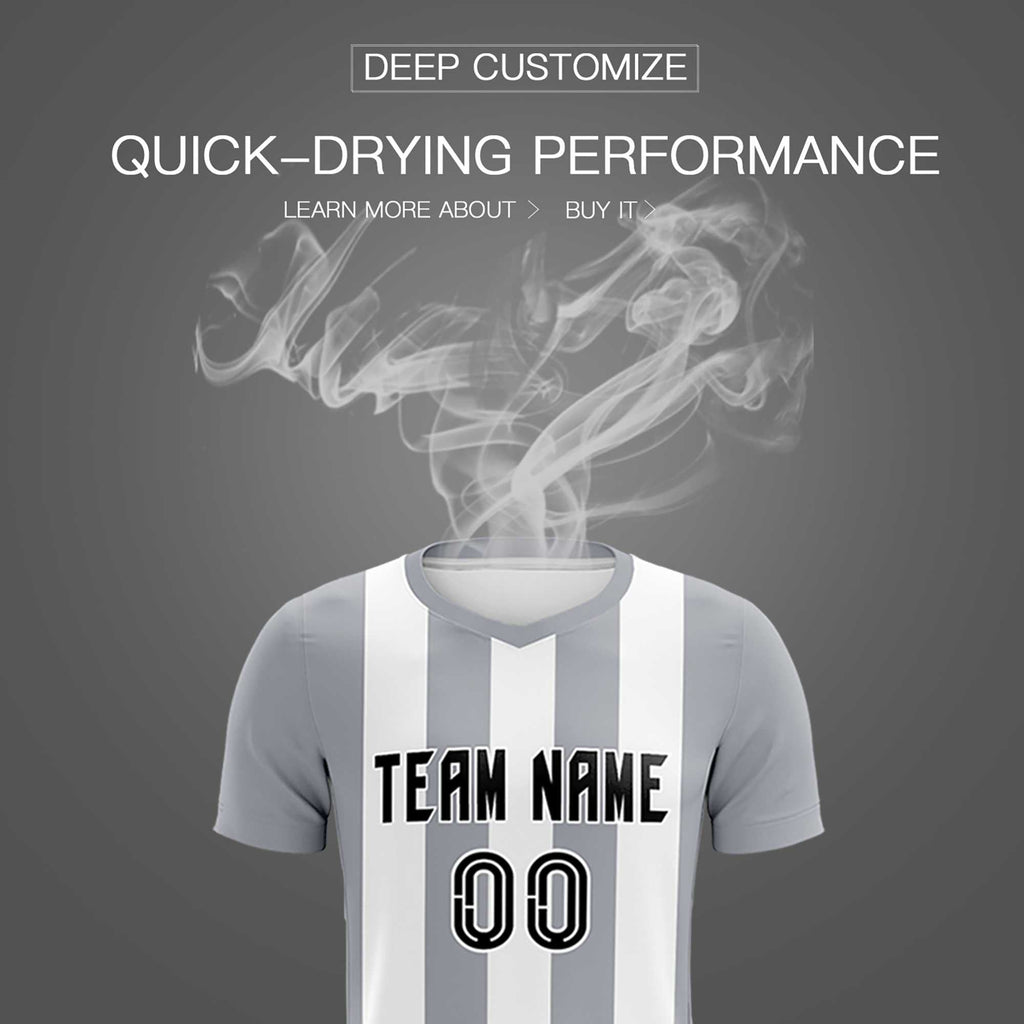 Custom White Gray Vertical Stripes Casual Outdoor Soccer Sets Jersey