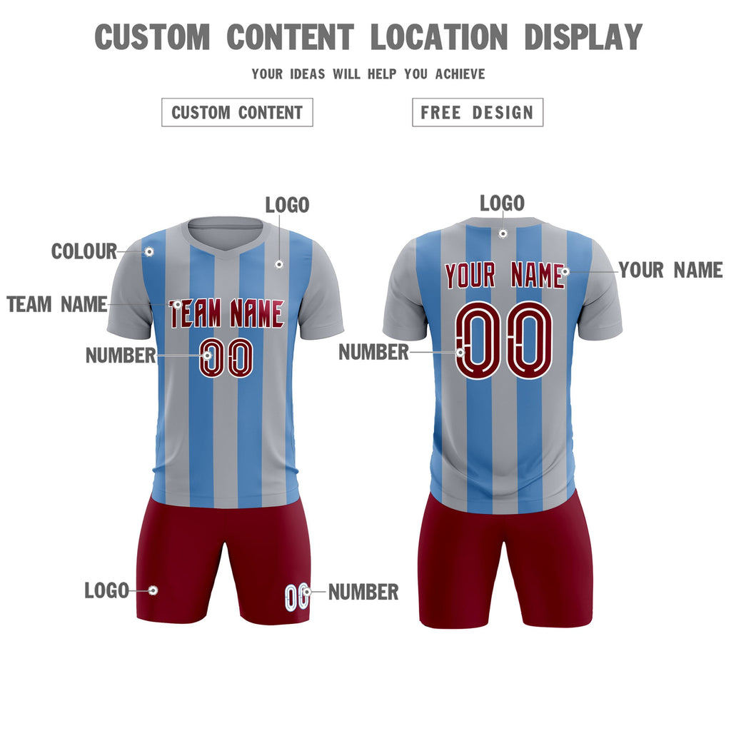 Custom Gray Light Blue Vertical Stripes Casual Outdoor Soccer Sets Jersey