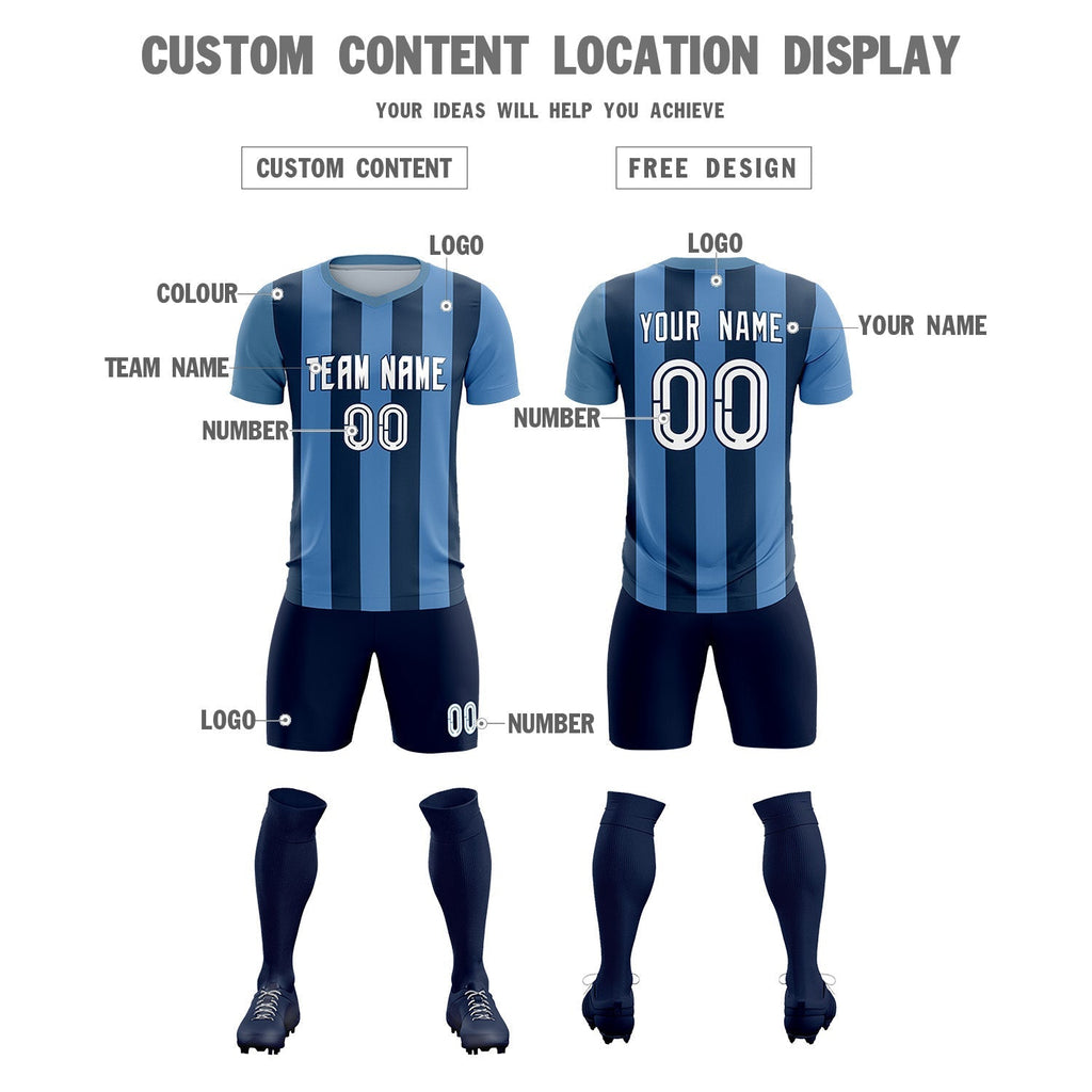 Custom Light Blue Midnight Blue Vertical Stripes Casual Outdoor Soccer Sets Jersey