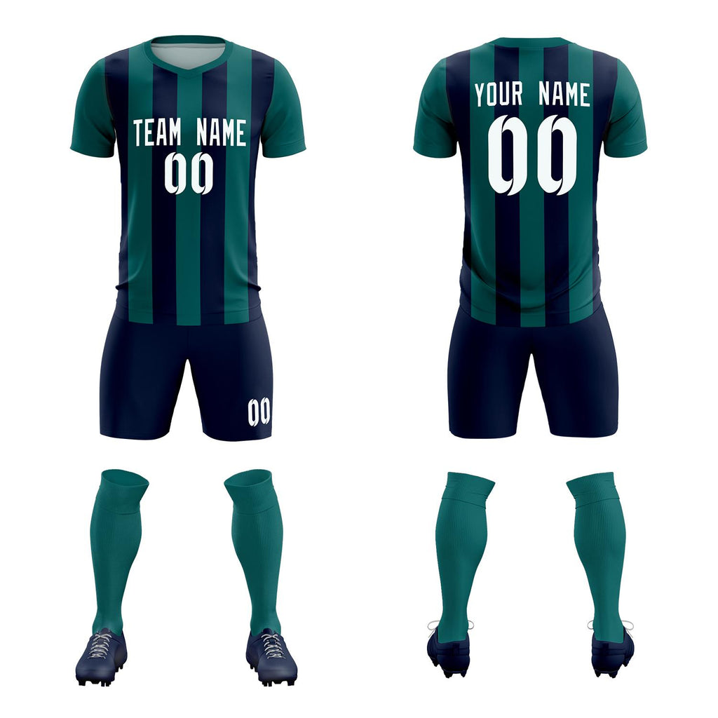 Custom Aqua Navy Vertical Stripes Casual Outdoor Soccer Sets Jersey