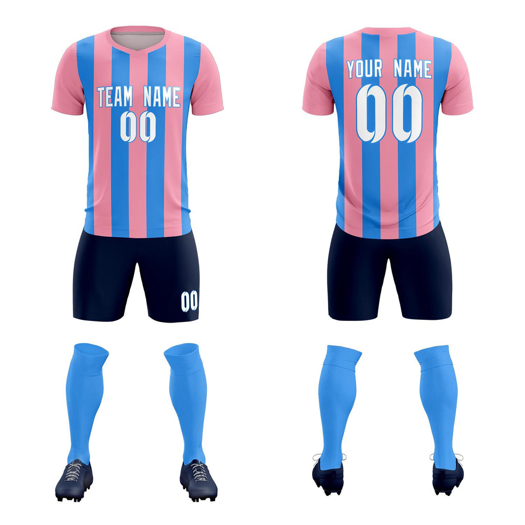 Custom Light Pink Powder Blue Vertical Stripes Casual Outdoor Soccer Sets Jersey