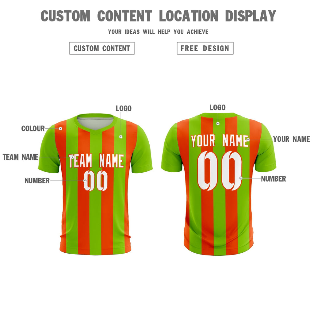 Custom Neon Green Orange Vertical Stripes Casual Outdoor Soccer Sets Jersey