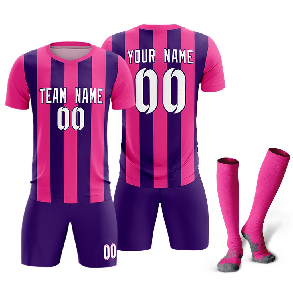 Custom Pink Purple Vertical Stripes Casual Outdoor Soccer Sets Jersey