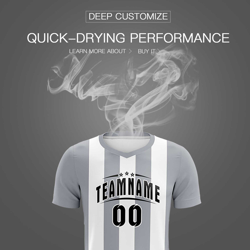 Custom White Gray Vertical Stripes Casual Outdoor Soccer Sets Jersey