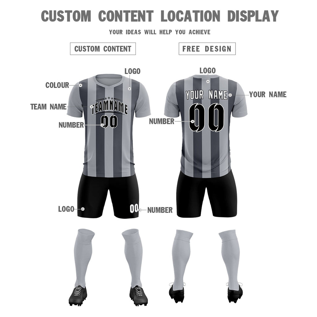 Custom Gray Dark Gray Vertical Stripes Casual Outdoor Soccer Sets Jersey