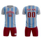 Custom Gray Light Blue Vertical Stripes Casual Outdoor Soccer Sets Jersey