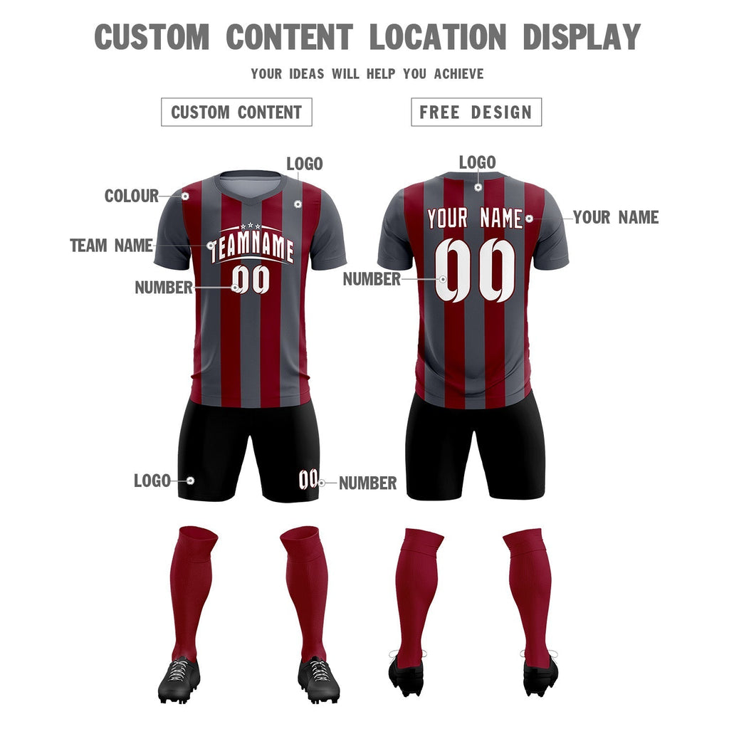 Custom Dark Gray Crimson Vertical Stripes Casual Outdoor Soccer Sets Jersey