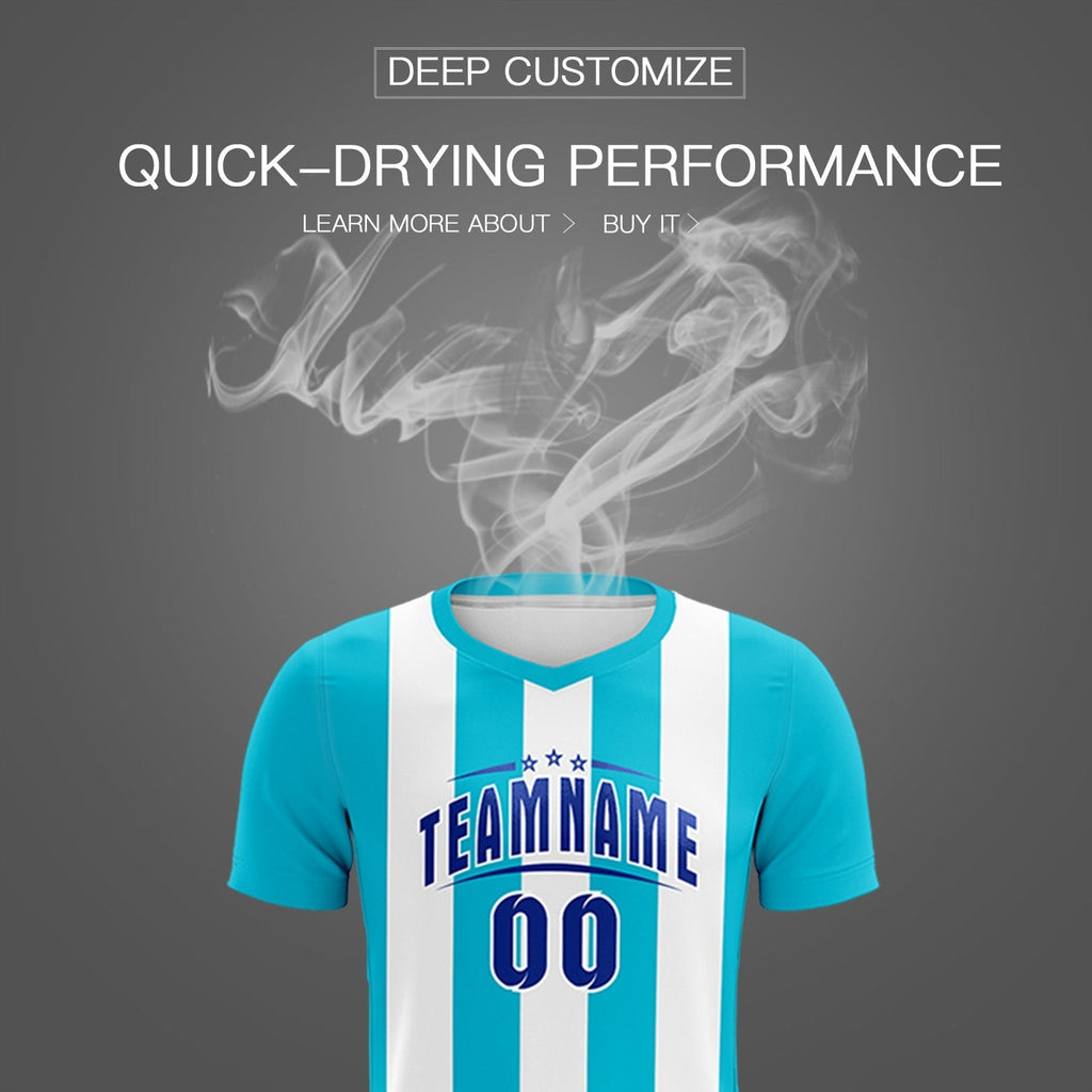 Custom White Sky Blue Vertical Stripes Casual Outdoor Soccer Sets Jersey