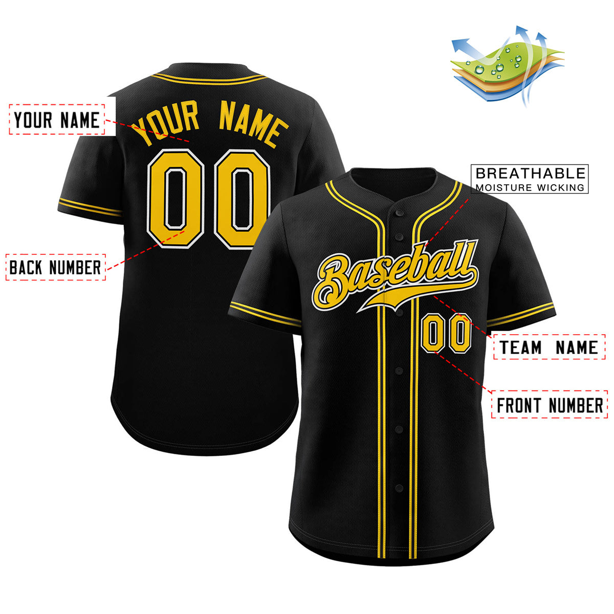 Custom Black Gold-White Classic Style Authentic Baseball Jersey